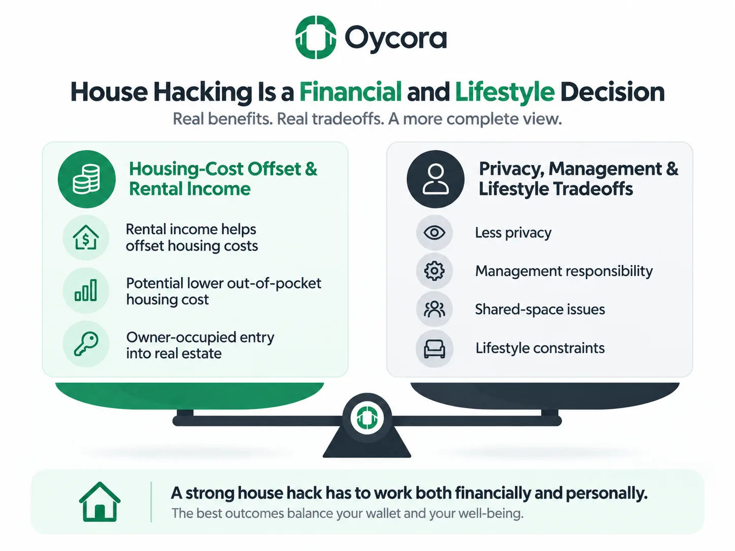 Oycora-branded balance graphic showing Housing-Cost Offset and Rental Income on one side, with Privacy, Management, Shared-Space Issues, and Lifestyle Constraints on the other. Emphasize that house hacking is both a financial and lifestyle decision.